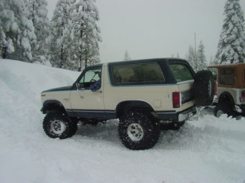 1986 Ford Bronco - 1986 Ford Bronco parked in a snowy landscape with trees in the background.
