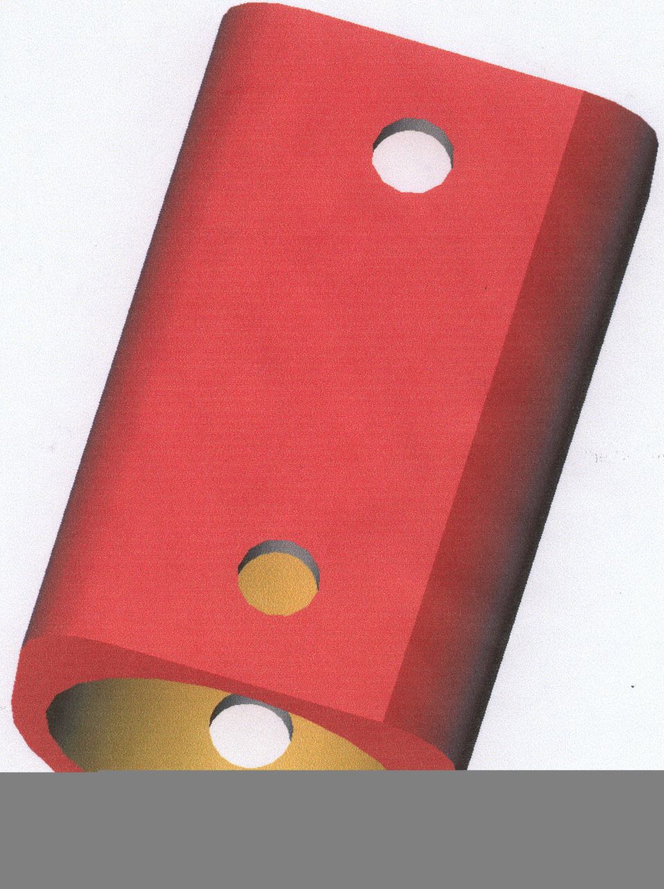 Red metal part with three holes, two on top and one on the side
