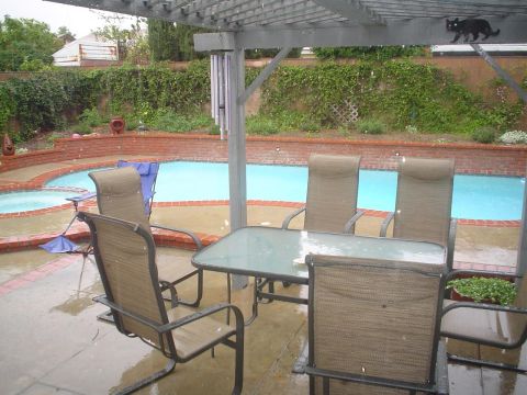 1993 Ford Taurus - A backyard scene shows a swimming pool and patio furniture under a pergola as rain falls.