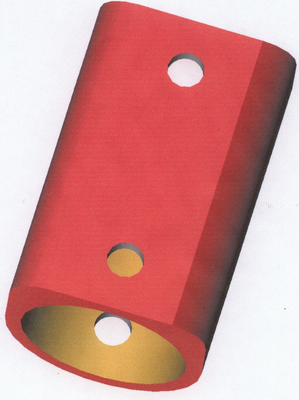 Red cylindrical part with three holes, two on the side and one on the end