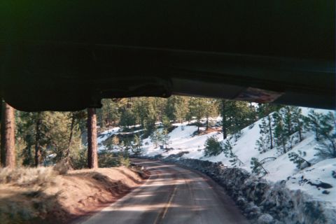 1990 Ford Bronco - two-lane road winding through a snowy pine forest, framed by the dark interior of the vehicle the photo is taken from.
