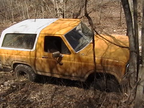 1986 Ford Bronco - Ford Bronco stuck off-road in a wooded area, showing its side and front quarter.