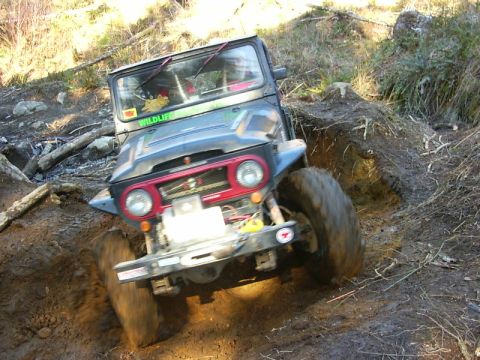 1990 Ford Bronco - Off-road vehicle struggling on a muddy, wooded trail.