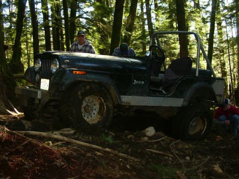 1990 Ford Bronco - Jeep CJ-7 navigates a wooded trail, showing its off-road capabilities.