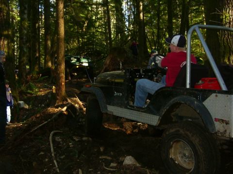 1990 Ford Bronco - Multiple Jeeps navigate a muddy, wooded trail with dense trees and uneven terrain.