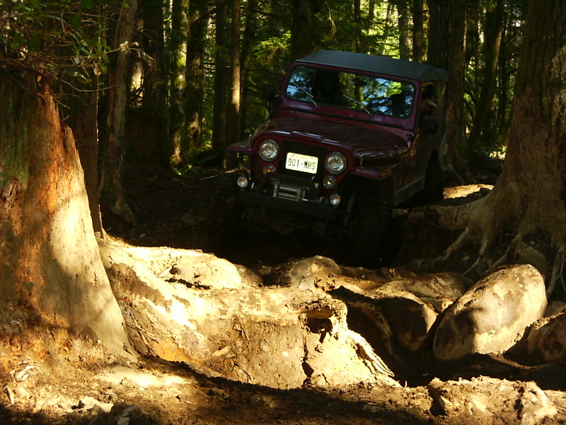 Red Jeep navigating a rocky forest trail