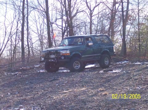 1995 Ford Bronco - A green 1995 Ford Bronco is parked in a wooded area with snow on the ground.