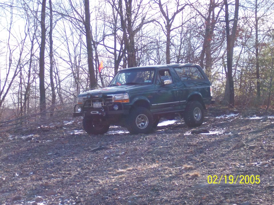 Green 1995 Ford Bronco with aftermarket bumper and winch parked in a wooded area