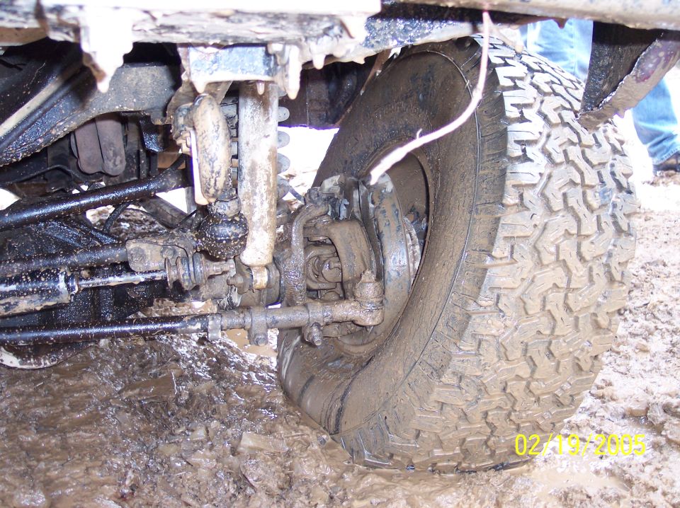 close-up of muddy tire and suspension components of an off-road vehicle