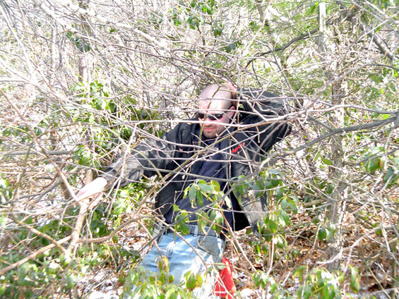 man wearing sunglasses and a jacket, partially obscured by branches and leaves