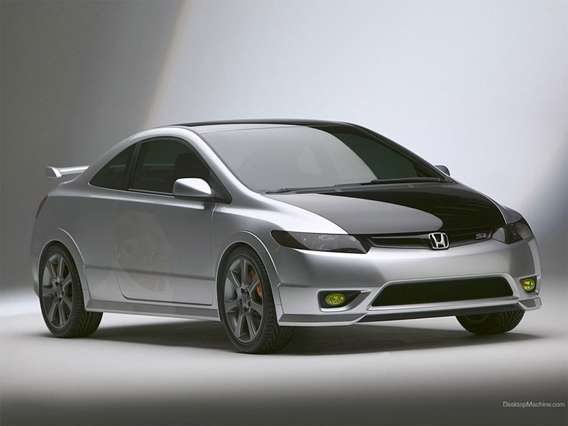 Silver coupe with black hood and spoiler, front-end view