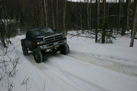 2003 Jeep TJ - A lifted pickup truck navigates a snow-covered path through a dense forest.