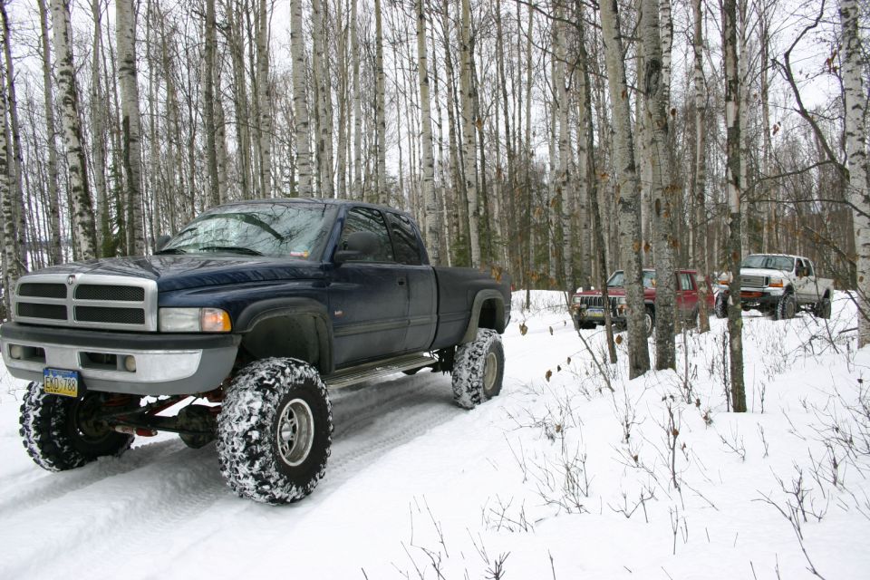 Dark blue pickup truck with large tires driving on a snowy path through a birch forest. Other trucks are visible behind it