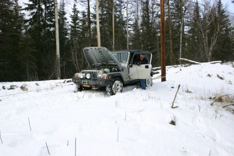2003 Jeep TJ - Silver 2003 Jeep TJ in a snowy wooded area with the hood open and driver's door ajar.