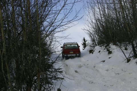 2003 Jeep TJ - A red 2003 Jeep TJ navigates a snow-covered path through a forest.