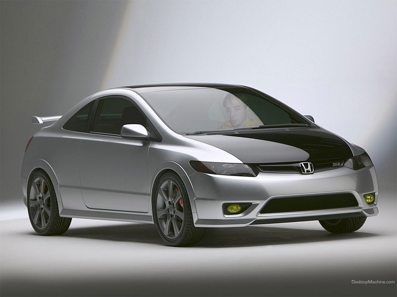 Silver 2006 Honda Civic Si coupe with black hood and spoiler