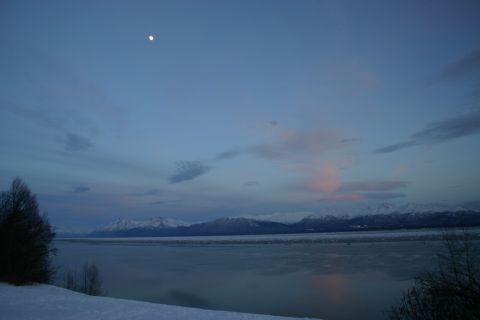 2003 Jeep TJ - Twilight scene with a frozen landscape, mountains, and a full moon in the sky.