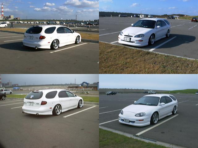 Collage of a lowered white Ford Taurus wagon with aftermarket wheels shown from front and rear angles in a parking lot