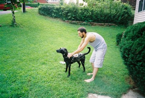 1990 Ford Bronco - Man gives his dog a bath in the yard on a sunny day.