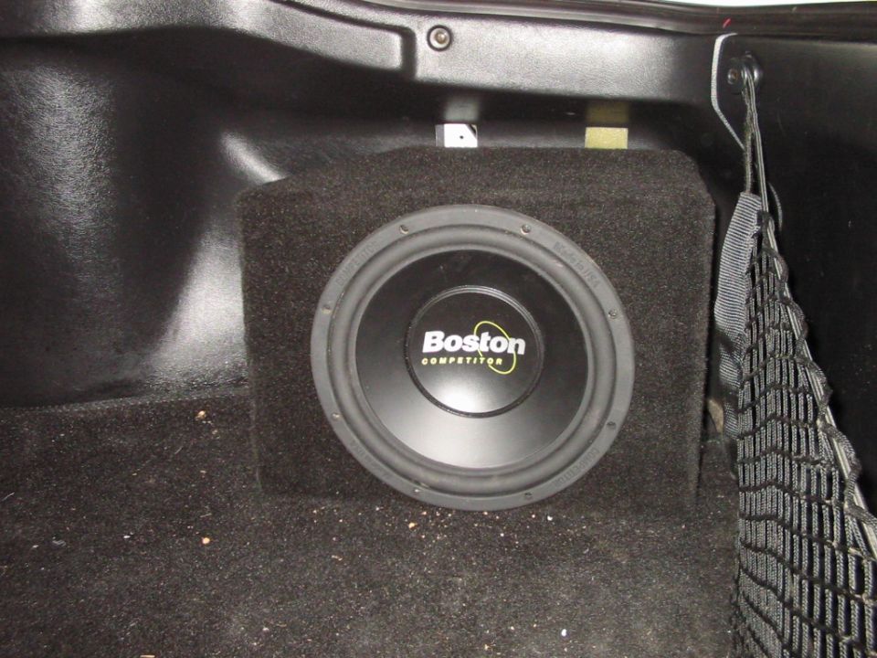 Boston Competitor subwoofer in car trunk