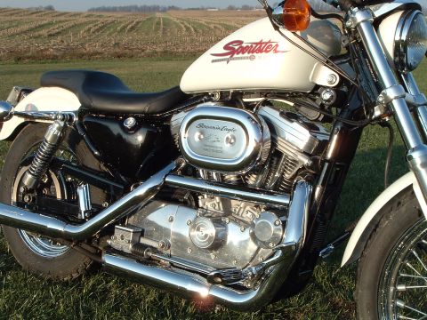 1995 Mercury Grand Marquis - Close-up of a Harley-Davidson Sportster motorcycle, showing the engine and fuel tank.