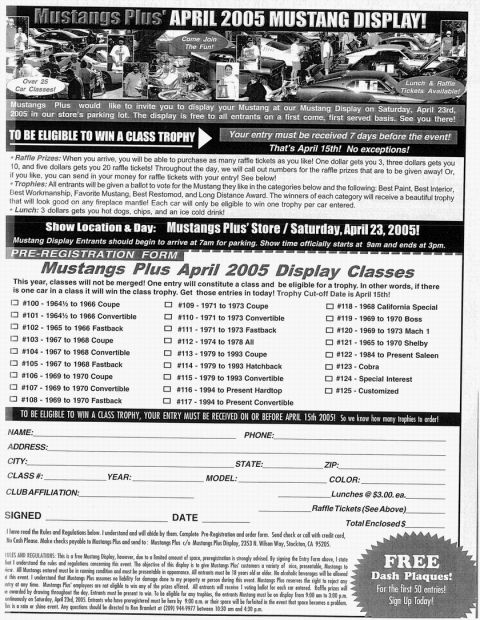 1978 Ford Mustang II - Flyer announces a Mustang display event and includes a pre-registration form for various car classes.