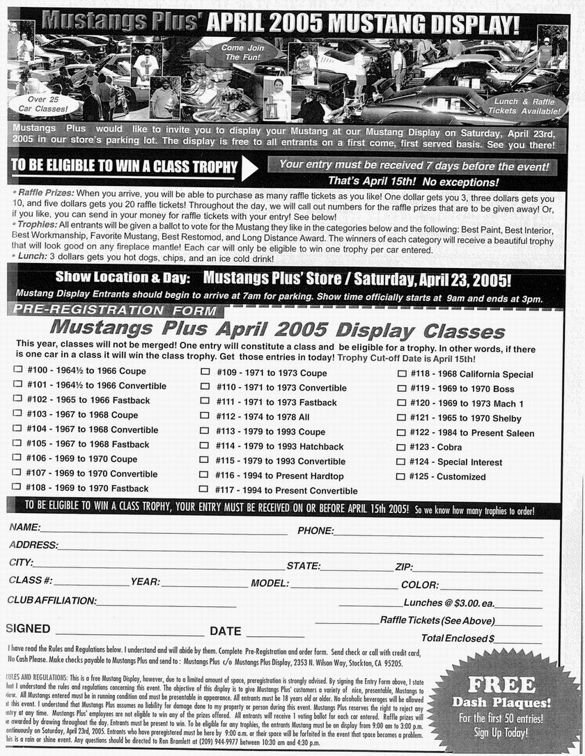 Mustangs Plus April 2005 Mustang Display flyer with pre-registration form for display classes