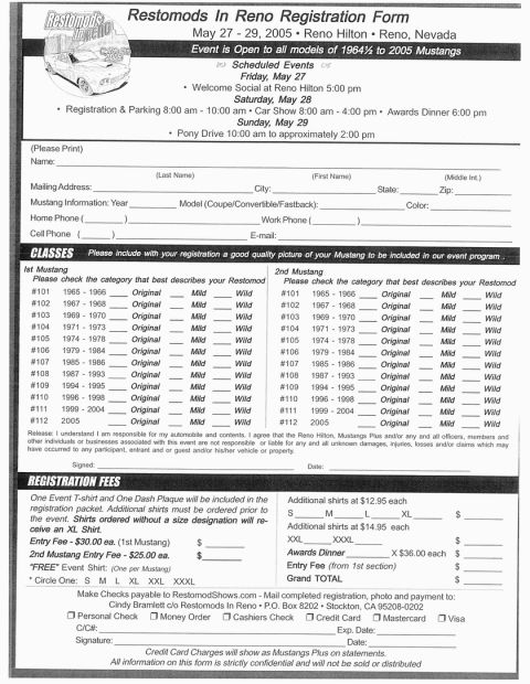 1978 Ford Mustang II - This document is a registration form for the Restomods in Reno event, detailing scheduled activities and payment information.
