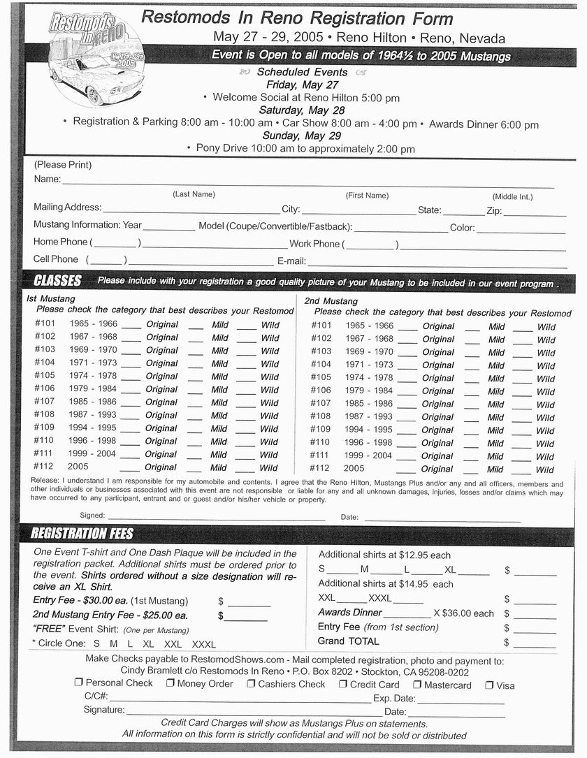 Registration form for Restomods in Reno event, listing car show details and fees