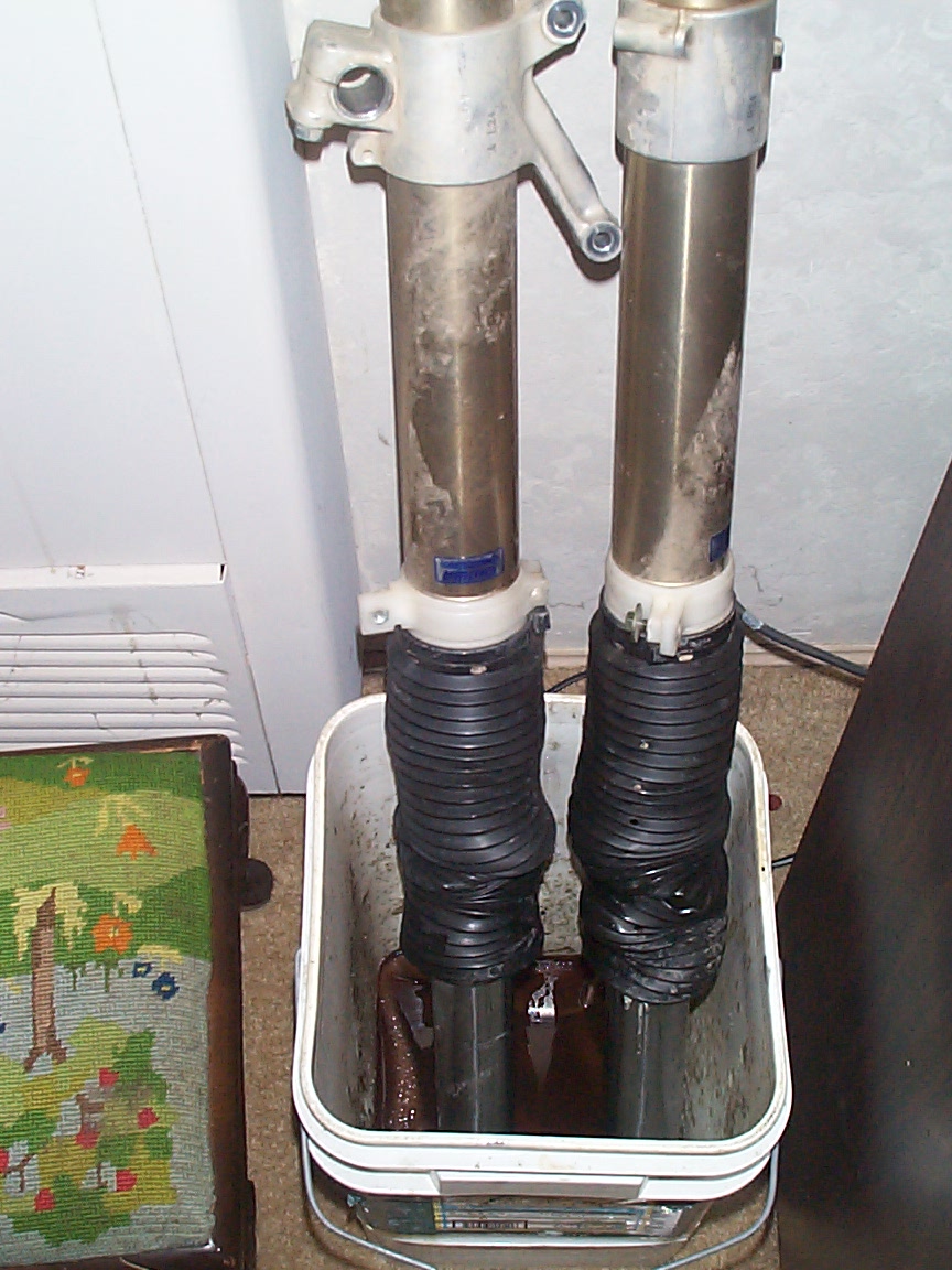 Two motorcycle fork tubes draining oil into a white bucket against a basement wall