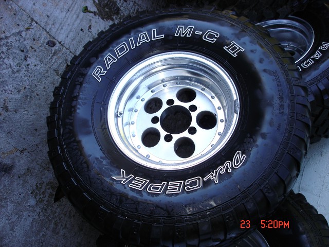 Tire with 'Dick Cepek Radial M-T II' text and a polished aluminum rim with six circular cutouts