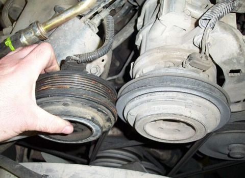 1986 Ford Ranger - Stock 2.9 compressor and pulley on right, 6-groove pulley on left from an '83 Mustang w 302