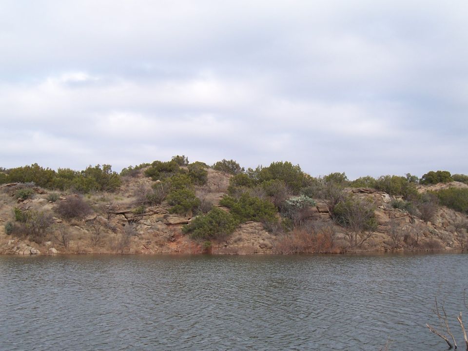 Lake water in front of a rocky brush-covered bluff under an overcast sky