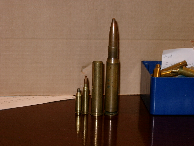 From Left to Right, 14 caliber, 223 for size comparison, 577 Nitro Express and 50 bmg