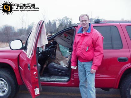 1983 Ford Bronco - Apparently, the deer got scared onto the overpass, then got scared OFF of it, just as this guy drove under.