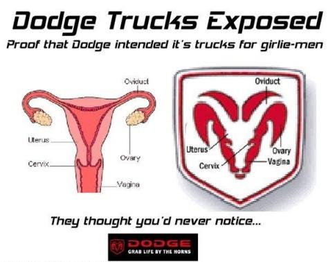 1973 Ford Ranchero - This document compares the Dodge logo to female anatomy with a derogatory message.