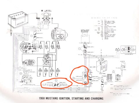 1968 Ford Mustang - This diagram details the 1968 Ford Mustang's ignition, starting, and charging system wiring.