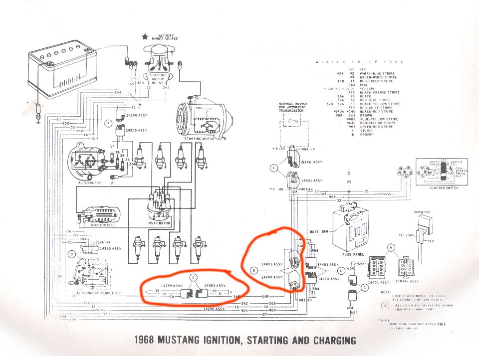 1968 Ford Mustang ignition, starting and charging wiring diagram with wire color code legend
