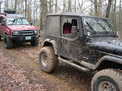 1999 Jeep TJ - Two off-road vehicles are parked on a dirt path surrounded by trees and fallen leaves.