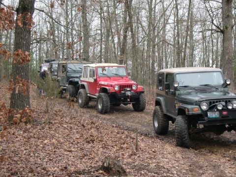 1999 Jeep TJ - Multiple Jeep TJ models navigate a wooded trail during an off-road outing.