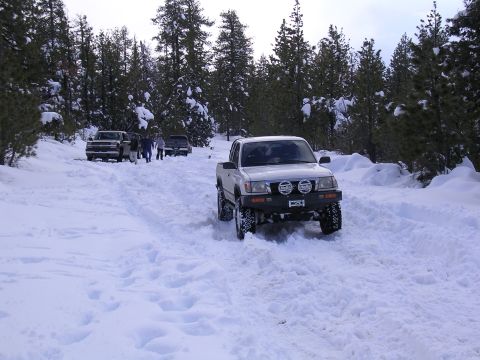 1999 Toyota Tacoma - Several vehicles navigate a snow-covered road through a forest.
