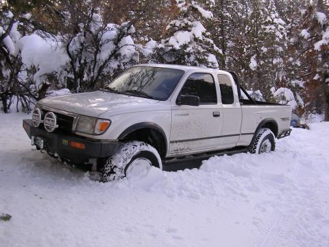 1999 Toyota Tacoma - A white 1999 Toyota Tacoma is stuck in a snowy forest, its tires buried deep in the snow.