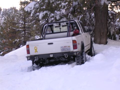 1999 Toyota Tacoma - A white Toyota pickup truck is partially buried in snow, with its rear end facing the camera.