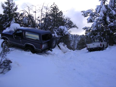 1999 Toyota Tacoma - Two vehicles navigate a snowy, wooded terrain with the dark blue SUV partially submerged in snow.