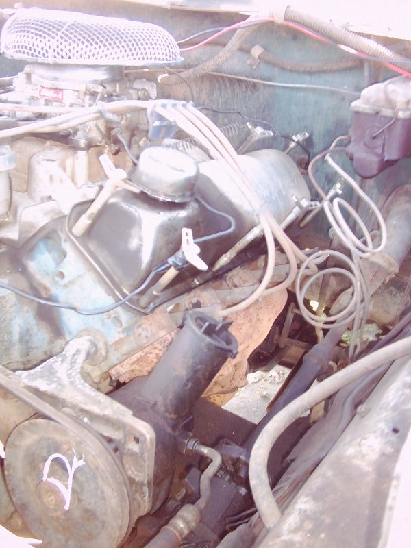 Engine bay of a 1978 Ford Bronco with a V8 engine, air cleaner, and various hoses and wires visible