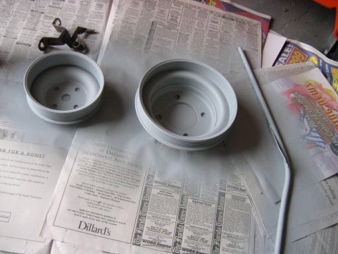 1992 Ford Bronco - Couldn't find any decent pulleys so I decided to just clean mine up, they were rusty. Used the wire wheel on my grinder. Here they are prim…