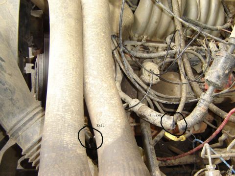 1991 Ford Bronco - Close-up view of engine components, including labeled intake and exit hoses.