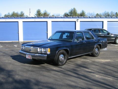 1991 Ford LTD Crown Victoria - Dark blue 1991 Ford Crown Victoria LTD parked in front of blue storage unit doors with another vehicle behind it.