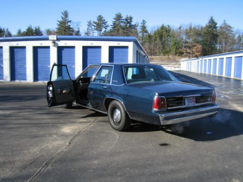 1991 Ford LTD Crown Victoria - A blue sedan is parked outside storage units, with its doors ajar and exhaust visible.