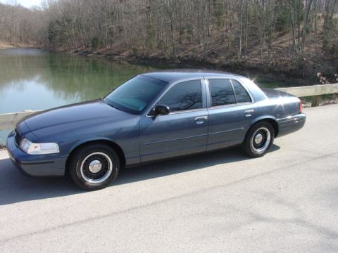 1998 Ford Crown Victoria - Blue-gray Ford Crown Victoria four-door sedan with steel wheels shown in side profile beside a wooded lakeshore.